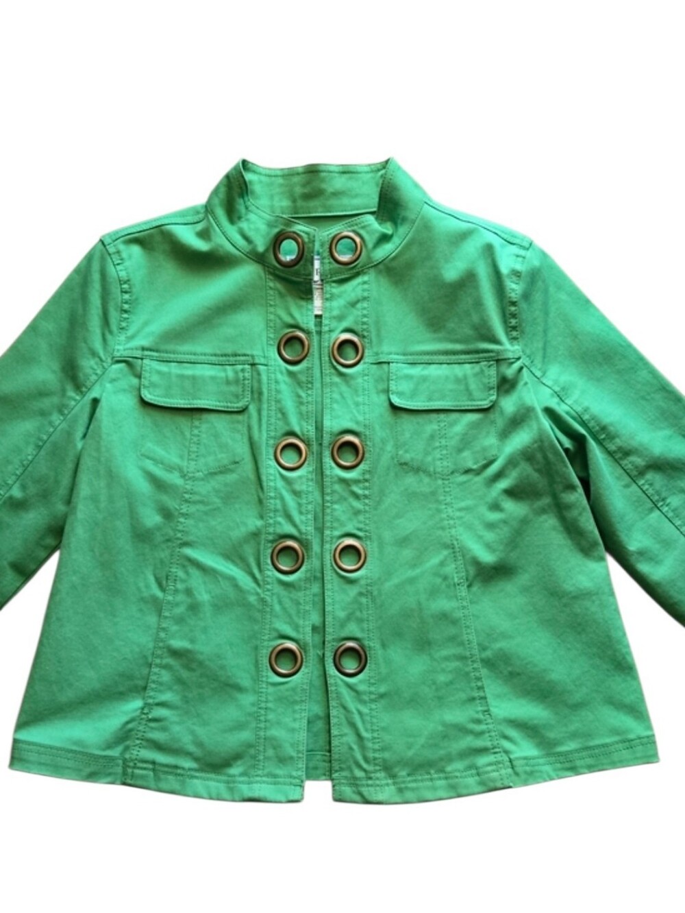 Tria Green Utility 3/4 Sleeve Denim Stretch Jacket Lg *missing 2 Hooks As Shown